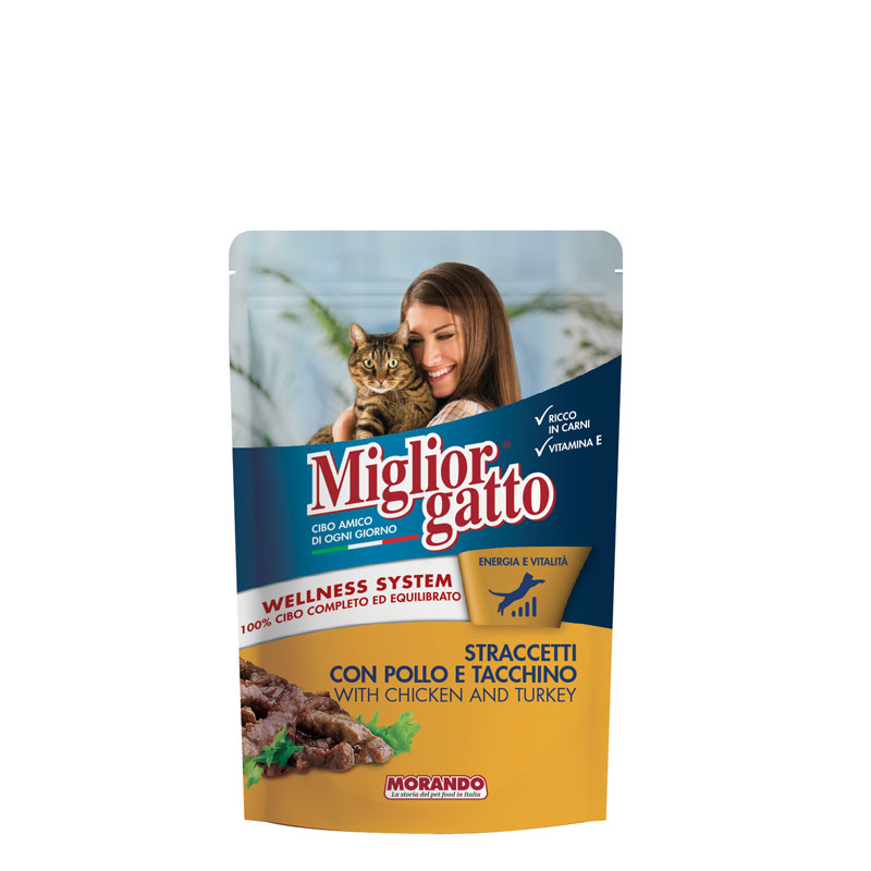 MIGLIORGATTO BUSTA STRACCETTI 100 GR POLLO E TACCHINO