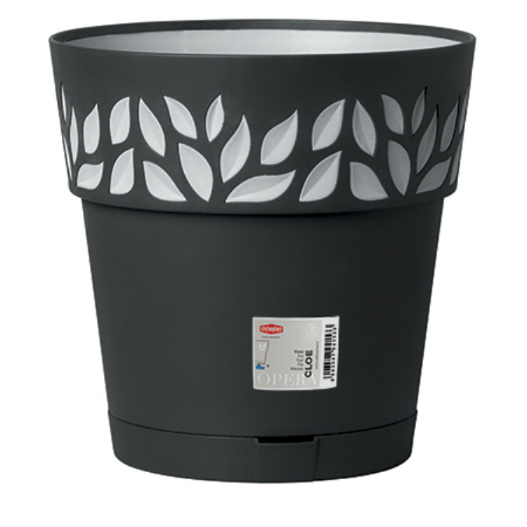 STEFANPLAST VASO DECORATO CLOE DIAMETRO 30 ALTEZZA 29 CON SOTTOVASO GRAFITE GRIGIO
