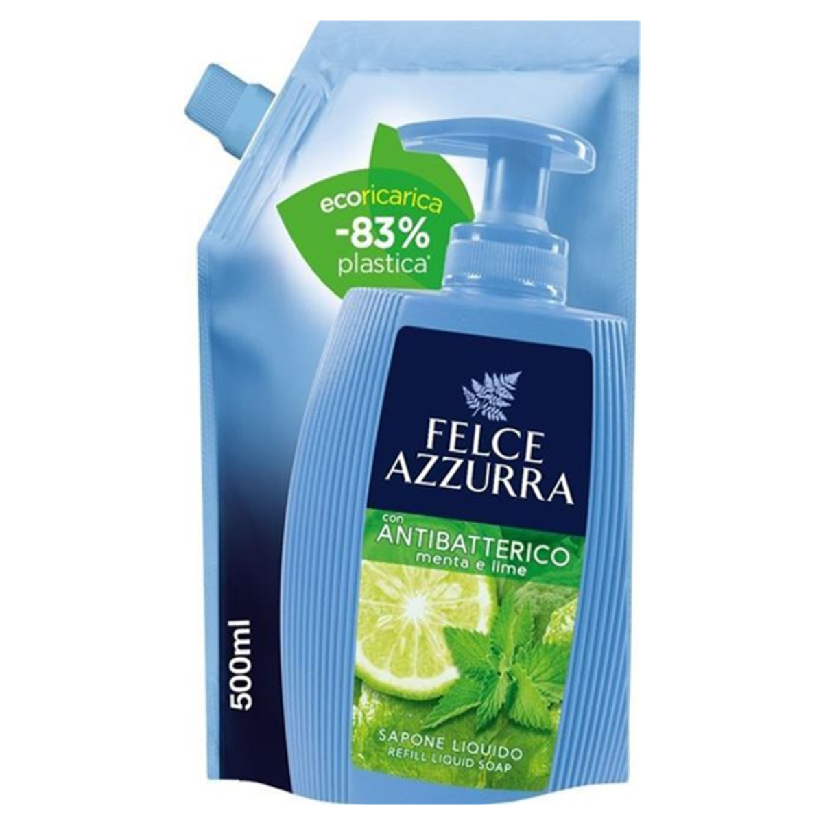 FELCE AZZURRA SAPONE LIQUIDO 500 ML RICARICA BUSTA ANTIBATTERICO MENTA E LIME