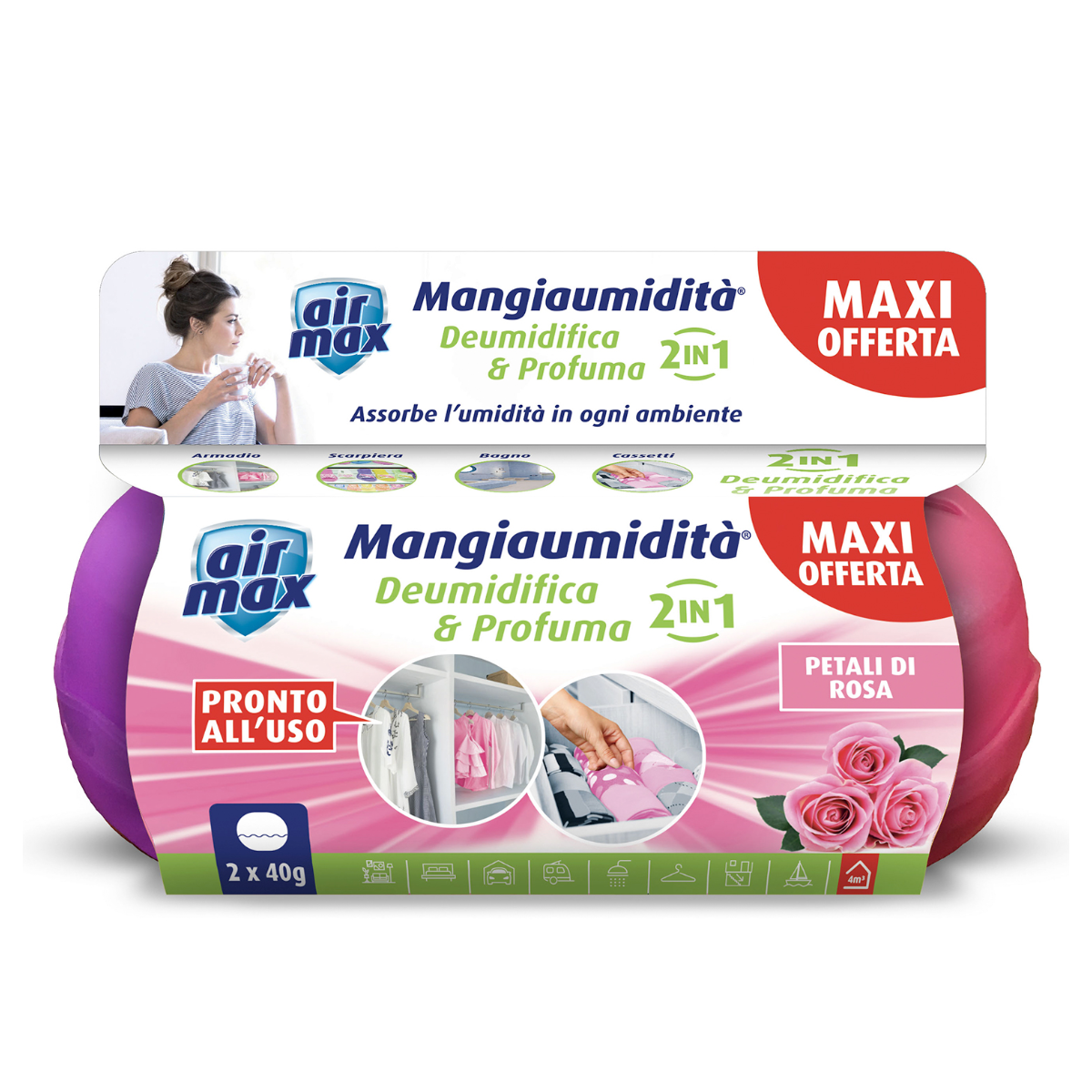 AIR MAX MANGIAUMIDITÀ KIT BIPACK DEO 2X40GR DEUMIDIFICA E PROFUMA PETALI ROSA