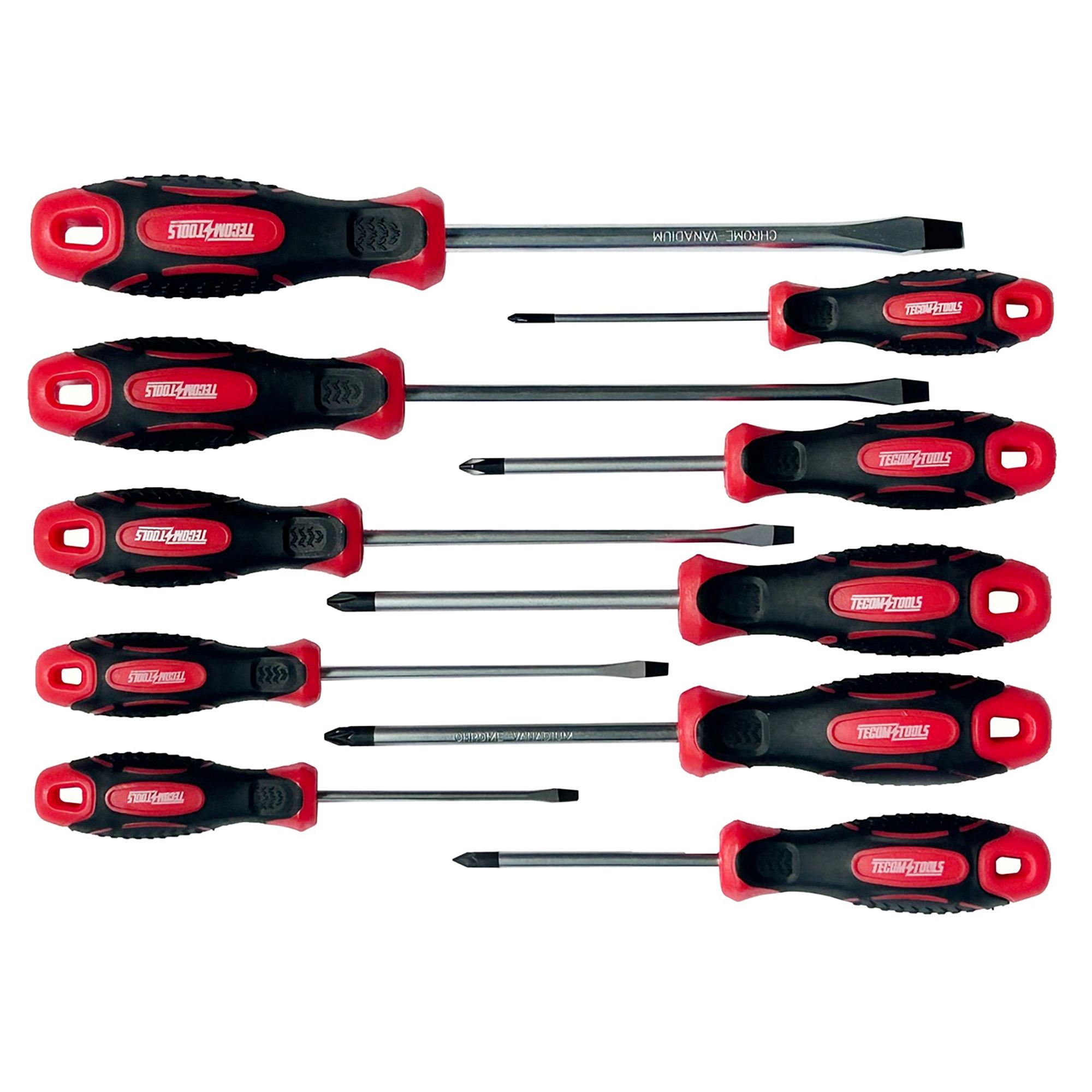 10 cacciaviti assortiti tecom 5 taglio 3 philips e 2 pozidrive