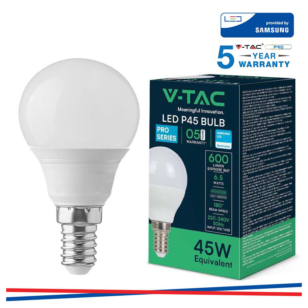 LAMPADA LED E14 6.5W 3000K TONDA P45 CHIP SAMSUNG LUCE CALDA