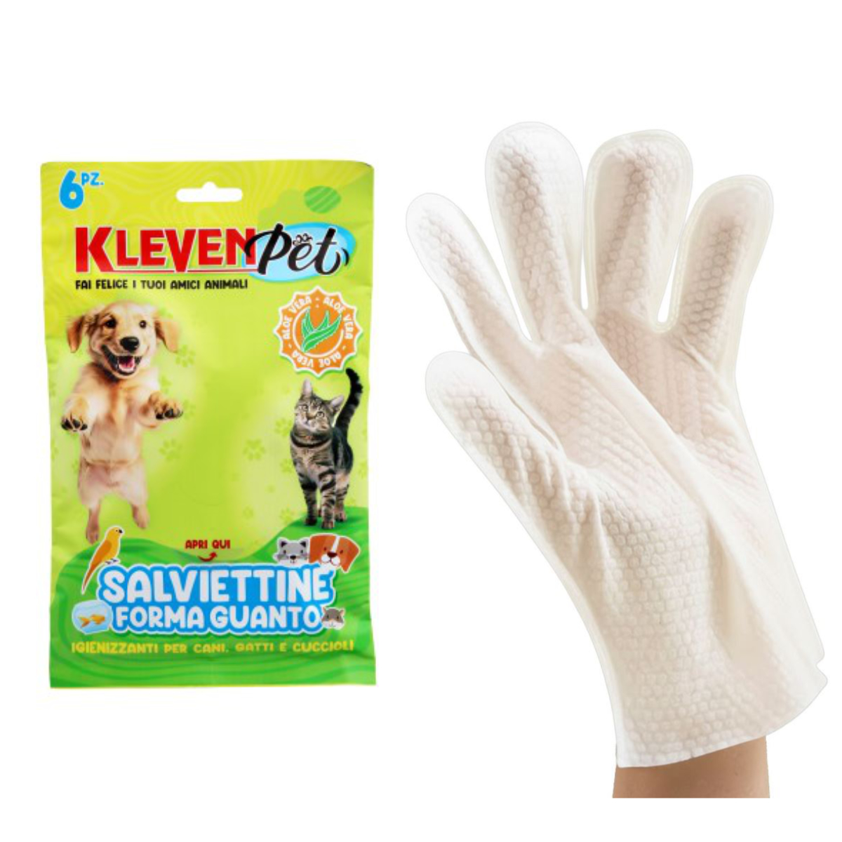 SALVIETTE ANIMALI FORMA GUANTO ALOE VERA 6 PZ KLEVEN PET FATIGATI